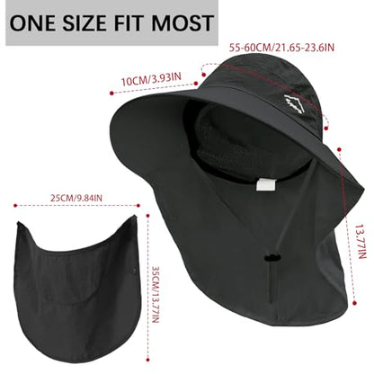 Rosoz Sun Hat for Men Women with Neck Flap,Wide Brim UPF50+ Fishing Hat with Detachable Face Cover Outdoor Sun Protection Hat - color: 1pack-black