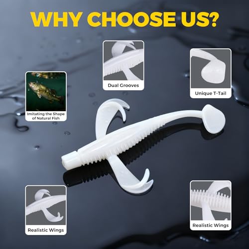 Paddle Tail Swim Baits, 30Pcs TPE Fishing Lures, Unique Vibrating Swim Action, Shaky Sinking Motion, Crappie Lures, for Saltwater/Freshwater - color: White Pearl(30pcs)