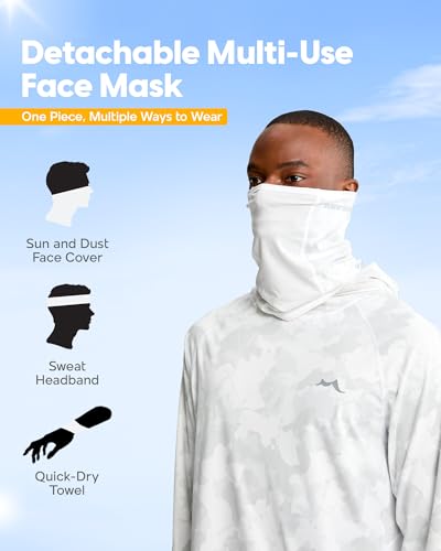 maamgic Men’s UPF 50+ Fishing Shirt Sun Hoodie with Detachable Face Mask, Long Sleeve UV Rash Guard - color: Grayish White, size: Small
