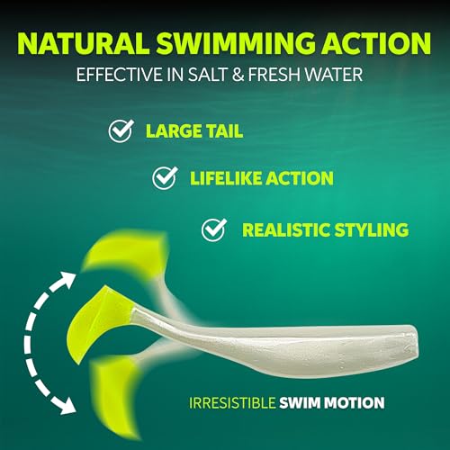 Soft Plastic Paddle Tail Swimbaits – 3 1/4", 4" & 5" Soft Plastic Fishing Lures with Extra-Large Tail for Lifelike Swimming Action – Freshwater & Saltwater - color: Pearl White with Electric Green Tail, size: 4 Inch - 12 Pack
