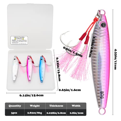 Fishing Jigs Vertical Saltwater Jigs Vertical Jigging Spoon Fishing Tuna Lures Boat Fishing Artificial Lures for Tuna, Grouper, Dogtooth, Snapper, Bass, Salmon/60g, 80g,120g - color: 3pcs-white&blue&red