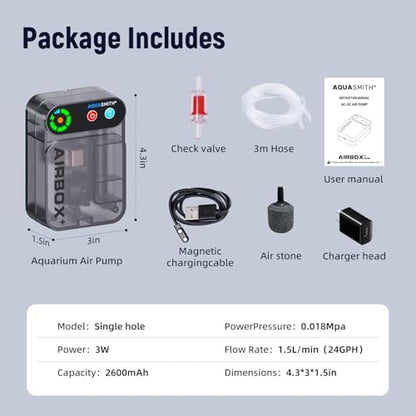 Live Bait Aerator,Ultra-Long Battery Life,Rechargeable Aquarium Air Pump 3w/24GPH(2600mAh Single Hole) IPX4 Magnetic Charging Design,Suitable for Fishing Enthusiasts,with Hose and Stone - size: Medium