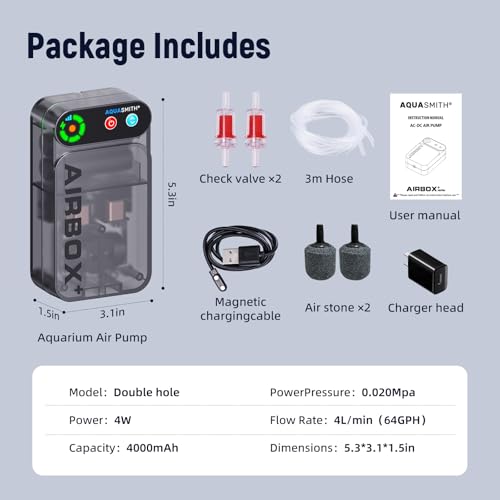 Live Bait Aerator,Ultra-Long Battery Life,Rechargeable Aquarium Air Pump 4w/64GPH(4000mAh Dual Hole) IPX4 Magnetic Charging Design,Suitable for Fishing Enthusiasts,with Hose and Stone - size: X-Large