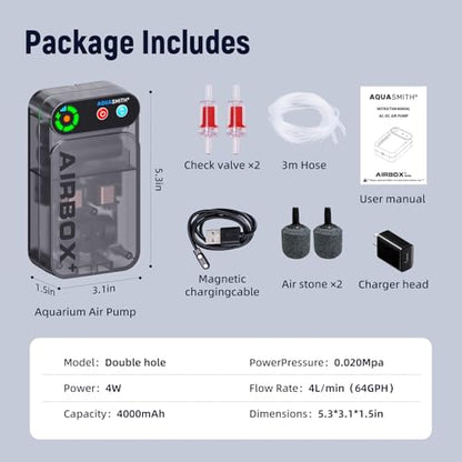 Live Bait Aerator,Ultra-Long Battery Life,Rechargeable Aquarium Air Pump 4w/64GPH(4000mAh Dual Hole) IPX4 Magnetic Charging Design,Suitable for Fishing Enthusiasts,with Hose and Stone - size: X-Large
