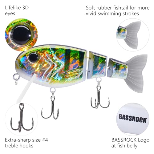 BASSROCK Topwater Fishing Lures for Bass Pike Salmon Floating Swimbait Jointed Crankbait Freshwater Saltwater 4.9in/1.76oz RK1001 - color: Natural Bluegill, size: 4.9in/1.76oz
