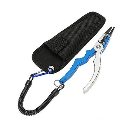 Aluminum Fishing Pliers Split Cutters Hooks Remover Fishing Holder Tackle with Oxford Sheath and Security Landyard (blue) - color: Blue
