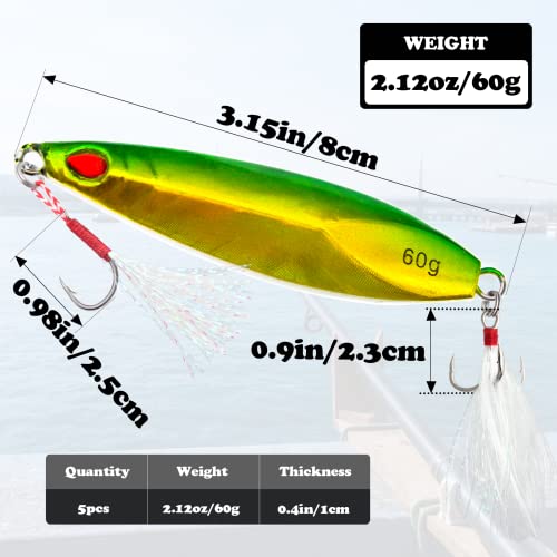 Fishing Jigs Vertical Saltwater Jigs Vertical Jigging Spoon Fishing Tuna Lures Boat Fishing Artificial Lures for Tuna, Grouper, Dogtooth, Snapper, Bass, Salmon/60g, 80g,120g - color: 5pcs-multicoloured