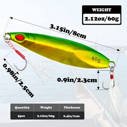 Fishing Jigs Vertical Saltwater Jigs Vertical Jigging Spoon Fishing Tuna Lures Boat Fishing Artificial Lures for Tuna, Grouper, Dogtooth, Snapper, Bass, Salmon/60g, 80g,120g - color: 5pcs-multicoloured