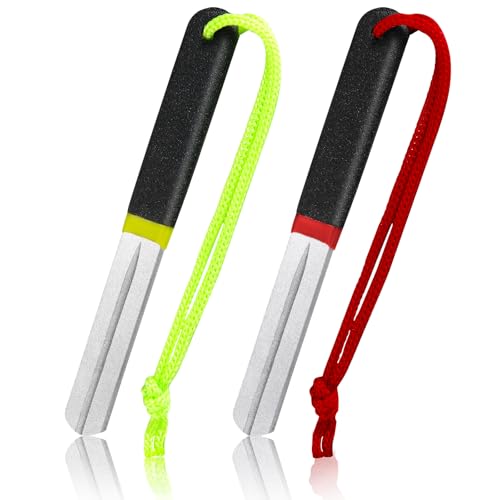 Skylety 2 Pcs Hook Sharpener Hook File for Fishing Diamond File with Handle Portable Double Sided Fine and Medium Grit for Fishing - color: Light Green and Red