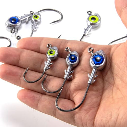 Dr.Fish 10 Pack Fishing Eyes Jigs 3D Eyes Trout Heads Bass Hook Saltwater Swimbait Jig Heads Freshwater Walleye Redfish Striper 1/2oz 3/8oz 1/4oz 3/16oz - color: Chartreuse Eyes, size: 3/8oz-Hook #4/0