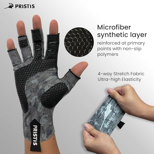 Pristis Half-Finger Fishing Gloves, UPF 50+ Breathable Quick Drying Fingerless Sun Gloves for Women Men, Fly Fishing Hunting Paddling Sailing Kayaking Hiking Canoeing Cycling - color: Wasteland CAMO, size: L - XL