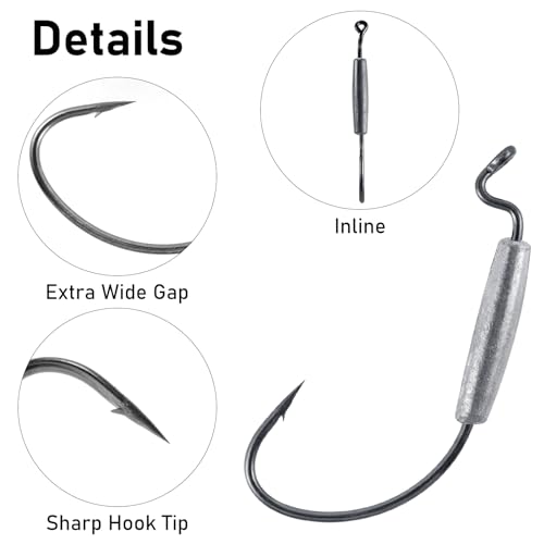 Dr.Fish 15 Pack Weighted EWG Hooks Weighted Worm Swimbait Hooks Bass Fishing Inline Extra Wide Gap Texas Rig Carolina Rig - size: 1/16oz-#2 Hook
