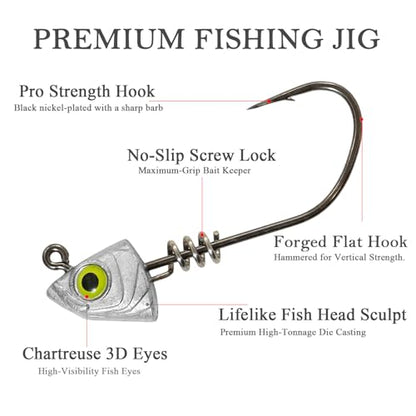 Screw Lock Swimbait Jig Heads 15 Pack, 3D Chartreuse Eyes & Sharp Hooks, Lead Fishing Jigheads for Bass Fishing, 1/8oz, 3/16oz, 1/4oz, 3/8oz - size: 3/8oz-15Pcs
