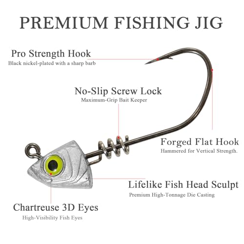 Screw Lock Swimbait Jig Heads 15 Pack, 3D Chartreuse Eyes & Sharp Hooks, Lead Fishing Jigheads for Bass Fishing, 1/8oz, 3/16oz, 1/4oz, 3/8oz - size: Assorted-15Pcs
