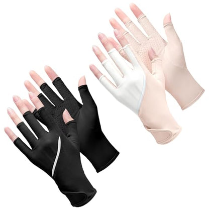 Loopeer 2 Pair Women Sunblock Fingerless Gloves UV Sun Protection UPF 50+ Non Slip Touchscreen Gloves for Summer Driving Manicures - color: Black, Pink