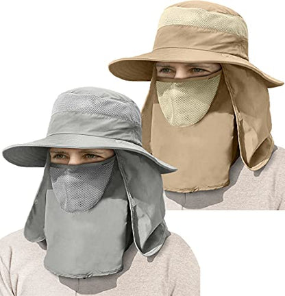 IYEBRAO Mens Outdoor Sun Hat with Face Neck Flap UV Protection Wide Brim Fishing Hat for Hiking Safari Gardening UPF 50+ - color: 2 Pack-light Gray & Khaki