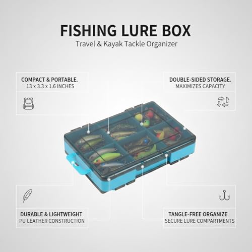 Double-Sided Fishing Lure Box, Slim PU Leather Tackle Organizer for Kayak & Travel, 13 x 3.3 x 1.6 Inches - color: Blue