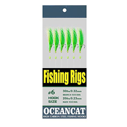 OCEAN CAT Fishing Rigs Saltwater Bait, Feather & Fish Skin 6 String Hooks Fishing Lure Tackle,Red/Green 10 Packs - size: 1/0#