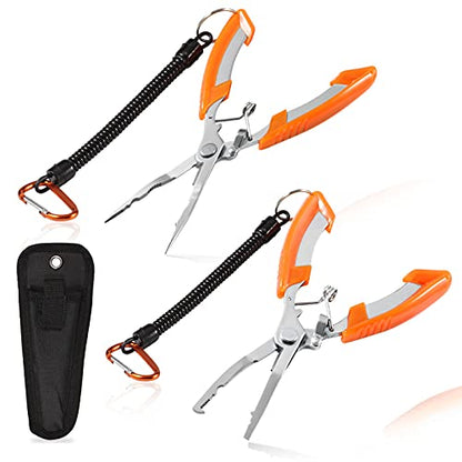 Fishing Pliers Needle & Bent Nose Stainless Steel Hook Remover Fishing scissors Fishings Line Cutter Split Ring Pliers Braid Cutter Multi-purpose Fishings Plier with Sheath and Lanyard