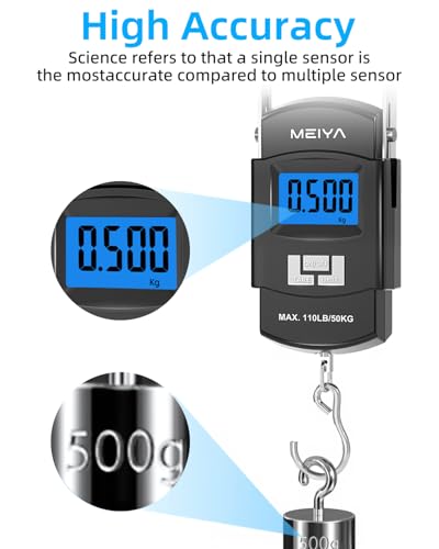 MEIYA Fish Scale 110lb/50kg Digital Fishing Scale with Backlit LCD, Portable Handle, Stainless Steel Hook & 2 AAA Batteries – Reliable Fishing Gear & Great Fishing Gifts for Men - color: Black