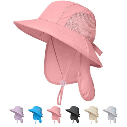 Outdoor Kids Sun Hats with Neck Flap Boys Girls Wide Brim UPF 50+ UV Protection Children Bucket Hat Safari Hat - color: 1pack-pink