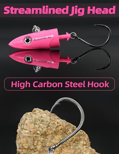 BLUEWING Jig Heads Saltwater 2oz,3oz,4oz,5oz,6oz,7oz Swimming Jigheads 1pc with High Carbon Steel Swing Hook and 6in/9in Replacement Tail Big Game Fishing Lures - color: Swimming Jig - Pink, size: 2oz Head - 6in Tail