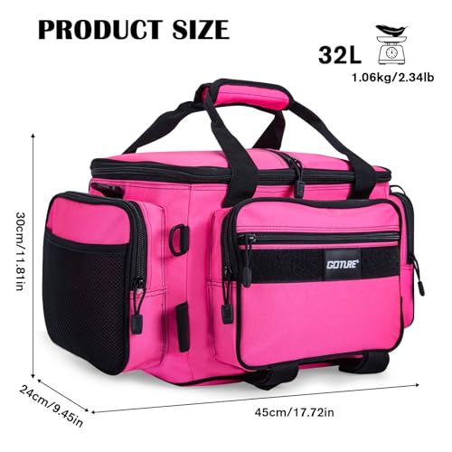 Goture Fishing Tackle Bag,Store Up to 4PCS 3700 Tackle Boxes(Not Included),600D Soft Side Water-Resistant Saltwater Gear Storage Fishing Bag with Rod Straps,Detachable Water Bottle Pouch,SBS Zippers - color: A3:Pink(Without Trays-17.72"x11.81"x9.45"), siz