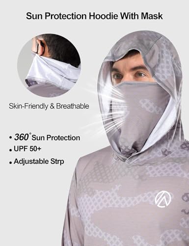 Men's Fishing Shirt,Face Mask Sun Protection Hoodie Shirt,Cooling Quick Dry Long Sleeve with Pockets - color: Camo, size: Large
