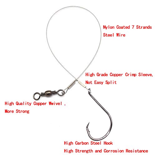 1#-8/0# Offset Octopus Hooks Rig, Fishing Wire Leader -Heavy Duty Stainless Steel Wire Line Leaders with Rolling Swivel and Barb Hooks, Fishing Lure Bait Rig Saltwater… - size: 5/0#