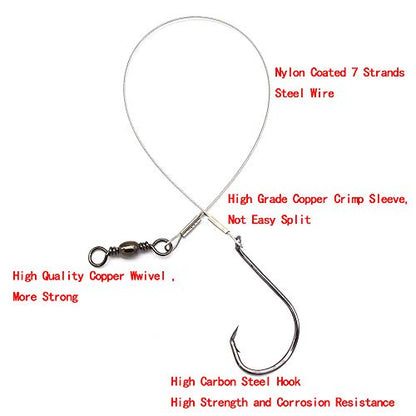 1#-8/0# Offset Octopus Hooks Rig, Fishing Wire Leader -Heavy Duty Stainless Steel Wire Line Leaders with Rolling Swivel and Barb Hooks, Fishing Lure Bait Rig Saltwater… - size: 5/0#