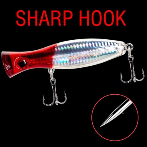 Large Top Water Popper, 4pcs 3D Eyes Tuna Popper, Saltwater Poppers Fishing Lures for Surf Fishing, Bluefish,Fishing Gt Tuna Kingfish Large Predator Fish (4.7IN) (4)