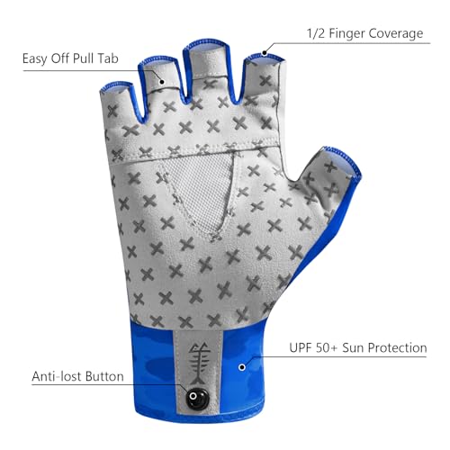 BASSDASH Unisex UPF 50+ Half Finger Sun Gloves Fingerless Breathable UV Protection for Fishing Hiking Kayaking Rowing FG02 - color: Blue Camo/Catfish, size: Small