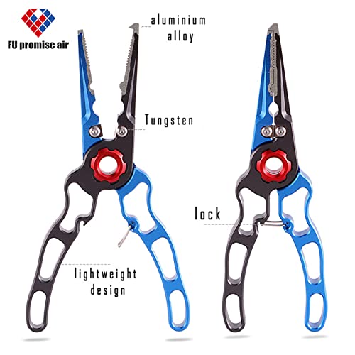 Fishing Pliers Aluminum Braid Cutters Split Ring Pliers Hook Remover Fish Holder with Sheath and Lanyard - color: blue-2