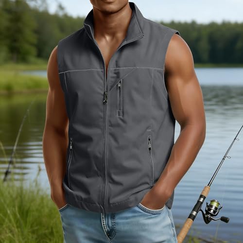 Mens Golf Vest Waterproof Fishing Shirt Zip Up Sleeveless Jacket with Pockets Outdoor Camping Hiking Shirts Travel Photo Vest - color: A06 Gray, size: Large