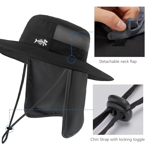 BASSDASH UPF 50+ Sun Fishing Hat Water Resistant with Detachable Neck Flap - color: Black