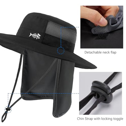 BASSDASH UPF 50+ Sun Fishing Hat Water Resistant with Detachable Neck Flap - color: Black