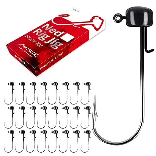 MadBite by KastKing Ned Rig Jig Heads for Soft Fishing Lures, 24-Pack Finesse Standard Mushroom Stand-up Ned Heads Kit, Needle Point Saltwater & Freshwater Versatility Ned Rig Hooks 1/8, 1/16, 3/16 oz - color: Black, size: 1/16 oz
