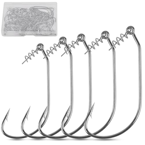 Twistlock Fishing Hooks,50pcs Bass Fishing Worm Hooks with Centering Pin Spring Unweighted Swimbait Hooks for Soft Plastics Lure Baits Saltwater Freshwater Size 1/0 2/0 3/0 4/0 5/0 - size: Size 1/0-50pcs