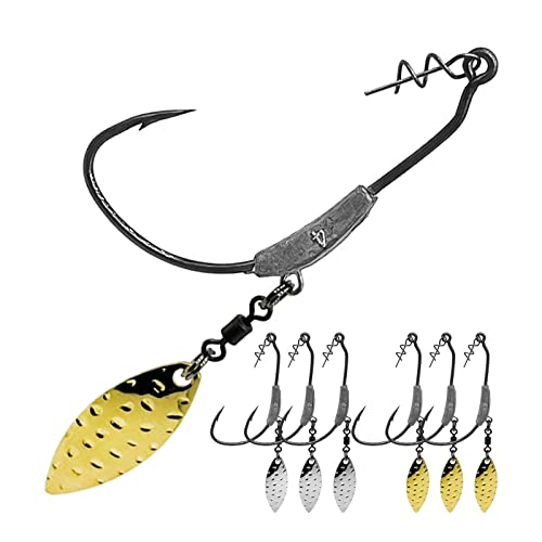 Weighted Swimbait Hooks, 6pcs Underspin Swimbait Hook with Twistlock, Weighted Crank Hooks with Gold/Silver Spinner Blades for Soft Fishing Lures - color: C(4/0#, 1/7oz, 6-pack)
