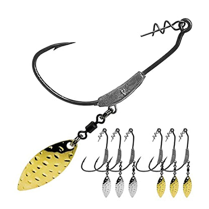 Weighted Swimbait Hooks, 6pcs Underspin Swimbait Hook with Twistlock, Weighted Crank Hooks with Gold/Silver Spinner Blades for Soft Fishing Lures - color: C(4/0#, 1/7oz, 6-pack)