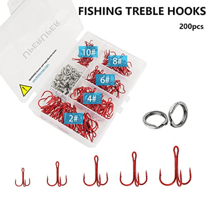 200 Pack Fishing Treble Hooks Kit High Carbon Steel Hooks Strong Sharp Round Bend with Split Rings for Lures Baits Saltwater Freshwater Fishing Size 2# 4# 6# 8# 10# - color: Red Mixed 200pcs