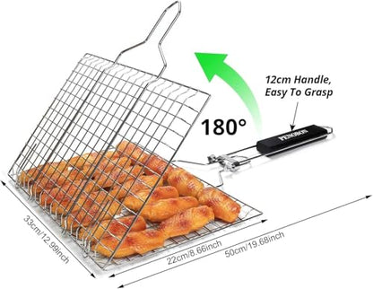 Fish Grilling Basket, Folding Portable Stainless Steel BBQ Grill Basket for Fish Vegetables Shrimp with Removable Handle, Come with Basting Brush and Storage Bag