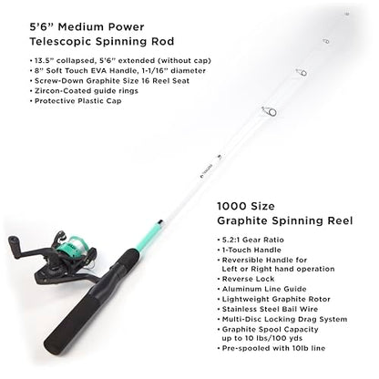 Fishing Kit with Rod, Pre-Spooled Reel, Tackle, Hooks, Zip Carry Case - Camping/Hiking/Kayaking/Boat/RV/Car/Cabin/Cottage
