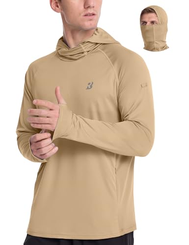 Roadbox Mens UPF 50+ Sun Protection Hoodie, Long Sleeve Fishing Shirt with Mask, Lightweight UV SPF Hooded for Hiking Running - color: Khaki, size: Small