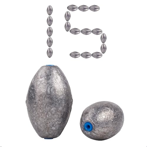 Egg Sinkers Lead Fishing Weights FS/QZ-07 | with Plastic Core,Oval Fishing Sinkers & Weights,for Texas Rig,Carolina Rig,Catfish Casting,Saltwater Freshwater - size: 0.53oz,15pcs