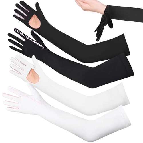 2 Pairs UV Protection Gloves Full Arm Sunblock Gloves with Ventilation Holes, Summer Sun Protection Gloves for Driving - color: Black White