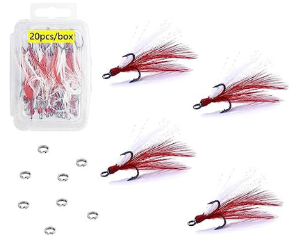 Fishing Treble Hooks Feather Dressed: 20pcs/Box Feathered Treble Hook Size 2 4 6 8 with Split Rings Replacement for Fishing Lure Spinner Spoon Crankbait Making - color: Red and White, size: 2#
