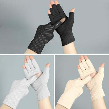 Senkary 3 Pairs Sun UV Protection Gloves Non Slip Cotton Fingerless Driving Biking Sunscreen Nail Manicure Gloves for Women - color: Khaki, Gray and Black