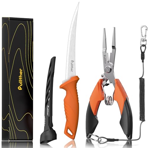2PC Fishing Tool Kit - 7" Fillet Knife,Fishing Pliers,Multitool Hook Remover Fishing Pliers,Fishing Gear for Saltwater - color: 6.5"Fishing Pliers Orange