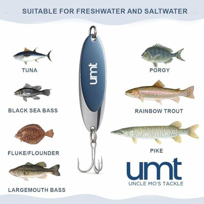 UMT Chrome Fishing Spoon Lure 3/4oz,1oz, 2oz – Sharp 3/0 Treble Hook for Freshwater & Saltwater Bluefish, Trout, Steelhead 1, 5, 10 Pack Options - size: 5 Pack